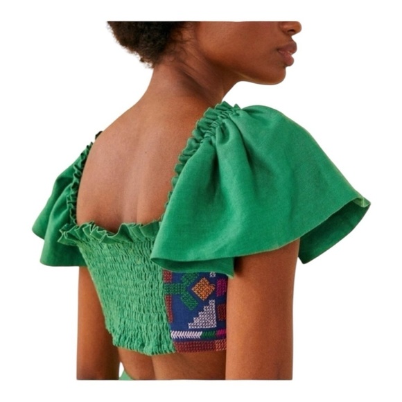 NWT! Farm Rio Tropical Green Linen Embroidered Smocked Back Crop Top. Size XL. - Picture 2 of 14